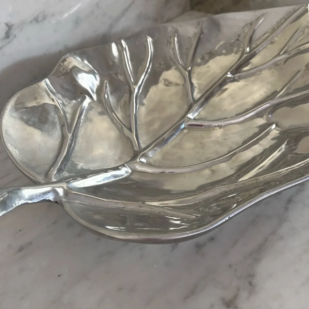 Large Pewter Leaf-Shaped Footed Decorative Tray Platter Approximately 24” x 13”